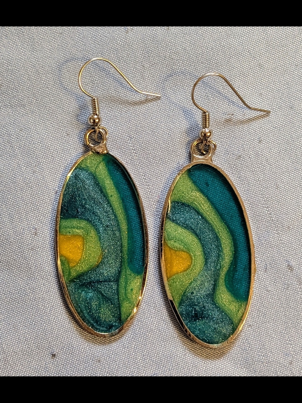 Lightweight Resin Drop Earrings with Swirls of Greens, Blues and Yellow, Oval
